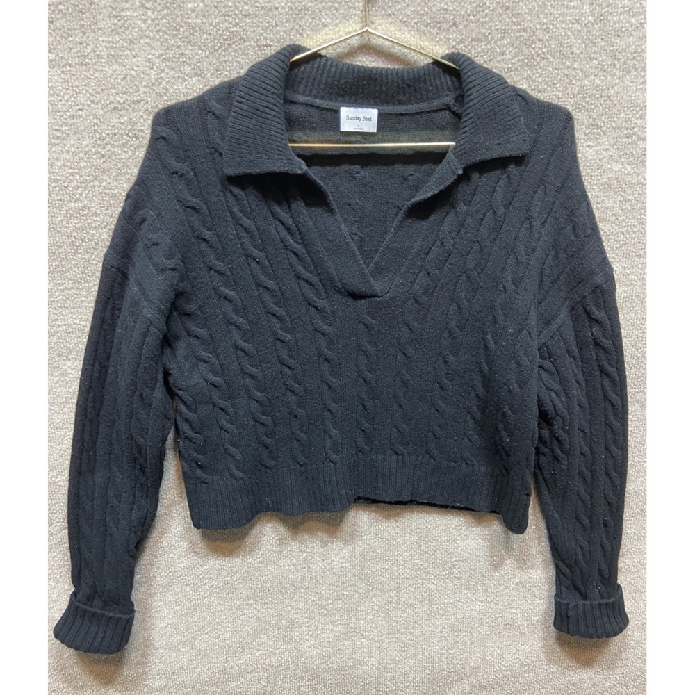 ARITZIA Sunday Best Lottie Sweater V-Neck Cable-Knit Wool Black Women's Medium